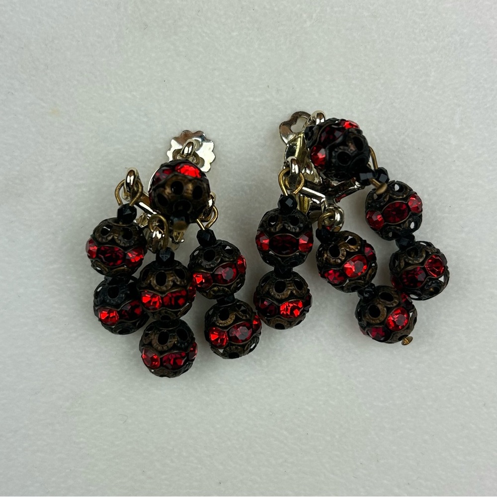 Vintage Faux Garnet Clip On Chandelier Ball Dangle Earrings Estate Quite Luxury